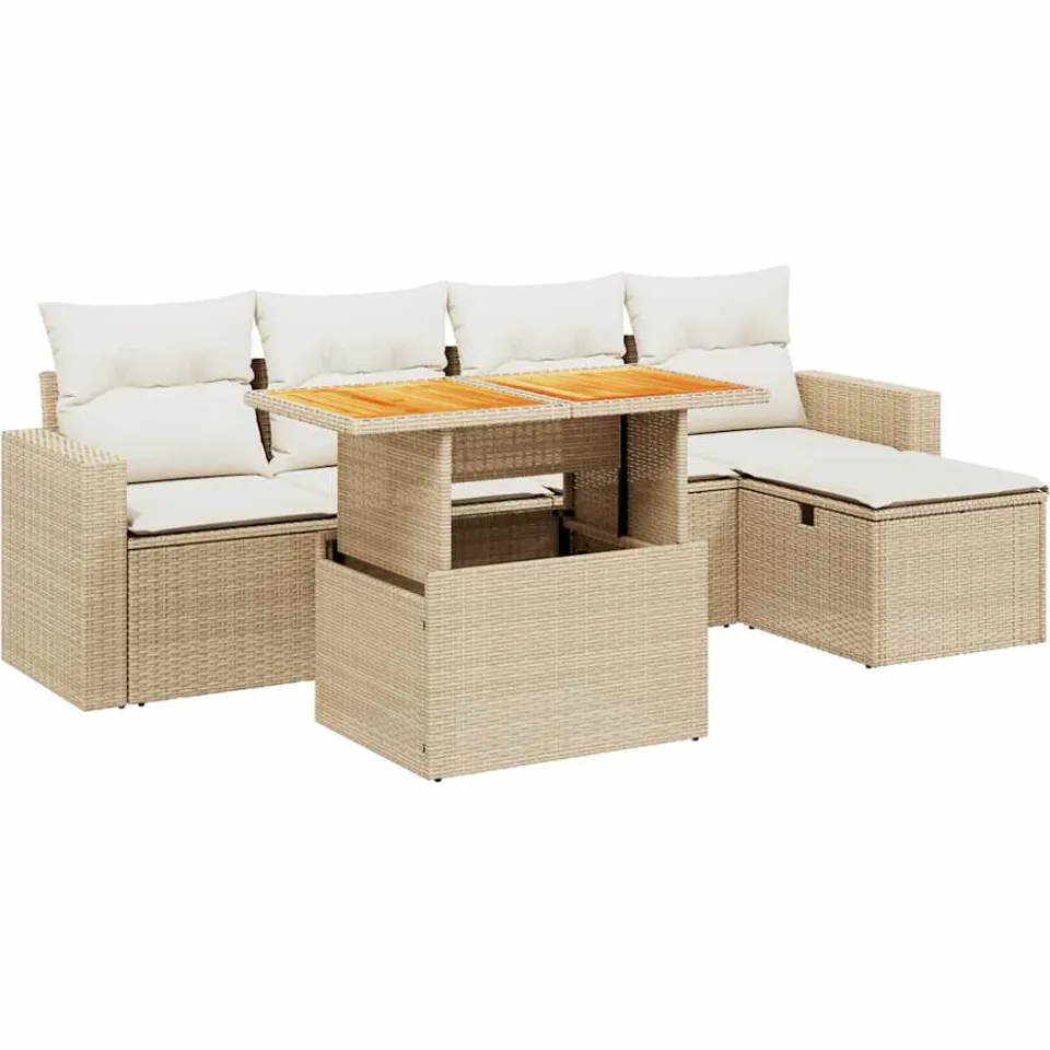 vidaXL 6-delige Loungeset met kussens poly rattan beige, foto 3