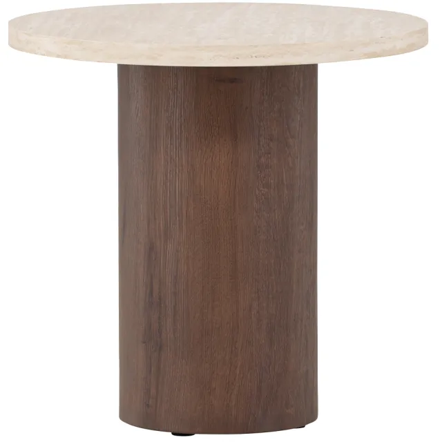 Nest living Jente ronde houten bijzettafel donkerbruin met travertine tafelblad- Ø 50 cm Beige