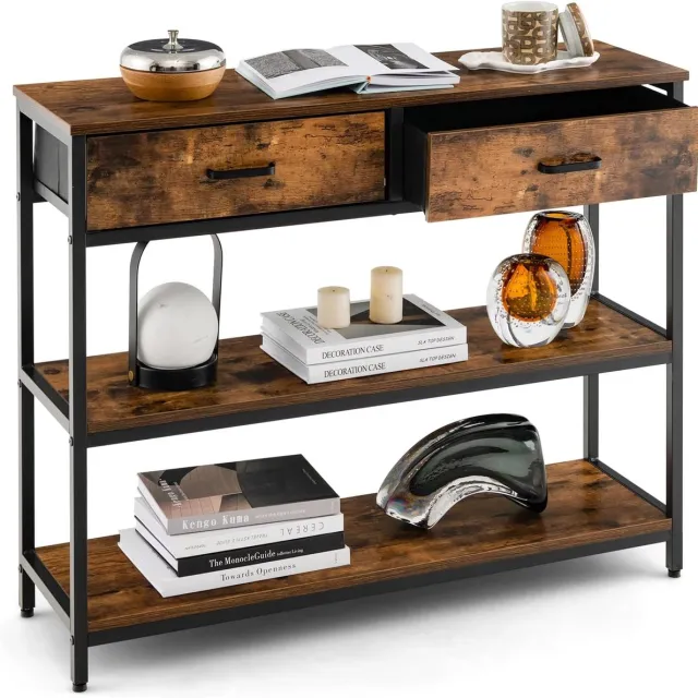 Costway Consoletafel met lade, haltafel smal, 3 niveaus, bijzettafel met metalen frame, van hout, 100 x 30 x 80 cm, vintage Bruin
