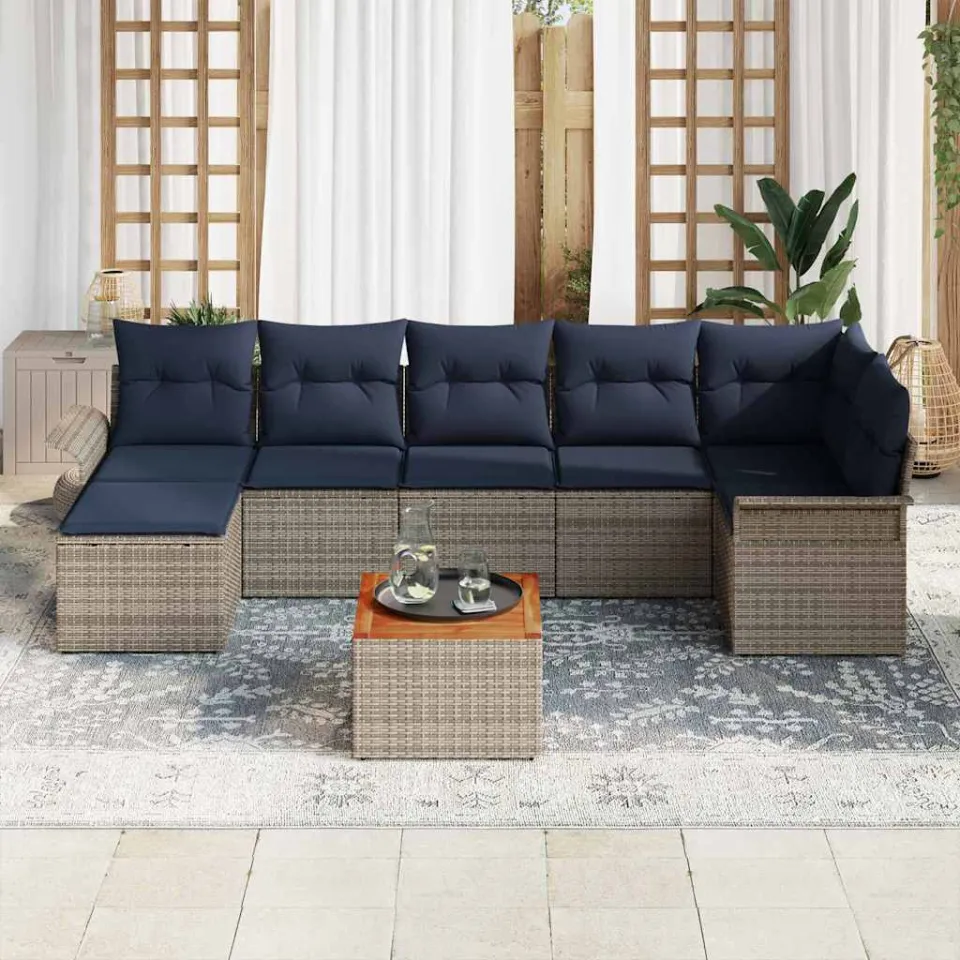 vidaXL Tuinbankenset 8 st Grijs en Marineblauw poly rattan, foto 3