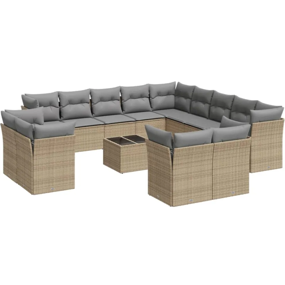 vidaXL 14-delige Loungeset met kussens poly rattan beige