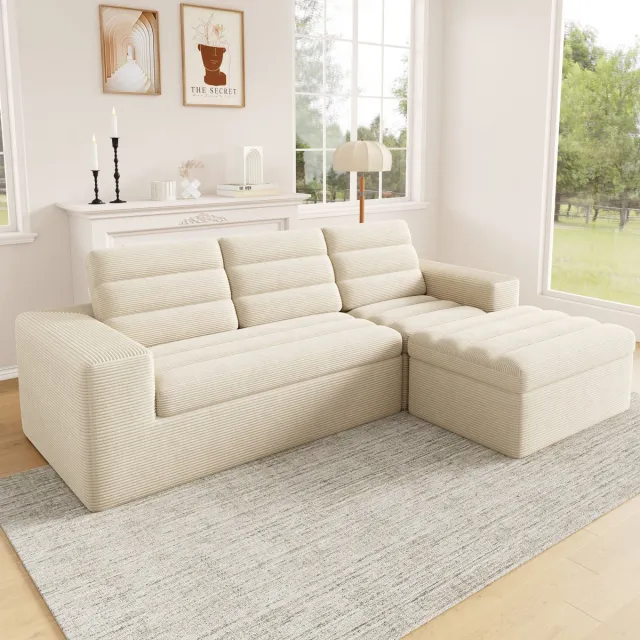 REDOM Modulaire hoekbank - L-vormig - 4-zits - Vrij combineerbare modules - Corduroy - Beige - 253 x 161 x 89 cm