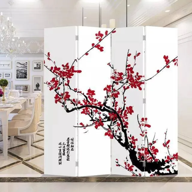 Fine Asianliving Chinees Kamerscherm Oosters Scheidingswand B160xH180cm 4 Panelen Rode Bloesem Wit, Multicolour