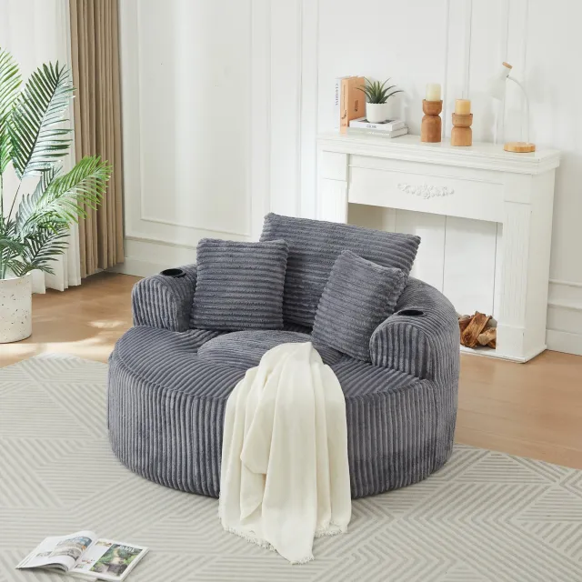STILVORA Fauteuil 142 cm - Rond 1-Zits Loungesofa Met 3 Kussens, 2 Bekerhouders En Zijvakken - Woonkamer En Slaapkamer - Ribfluweel Grijs