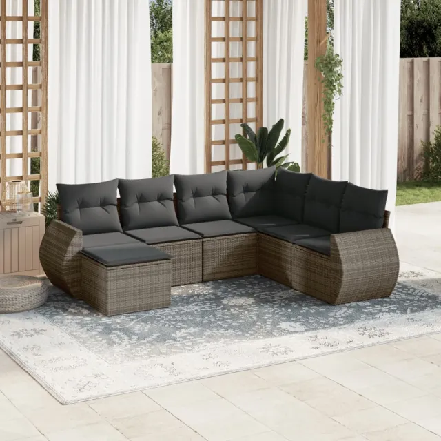 vidaXL 7-delige Loungeset met kussens poly rattan grijs