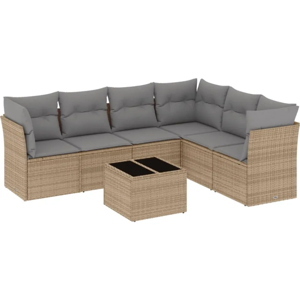 vidaXL 7-delige Loungeset met kussens poly rattan beige, foto 3