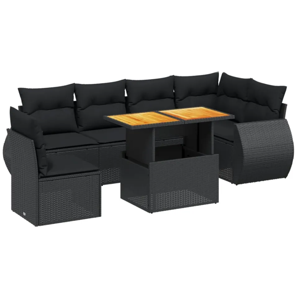 vidaXL 7-delige Loungeset met kussens poly rattan zwart, foto 3
