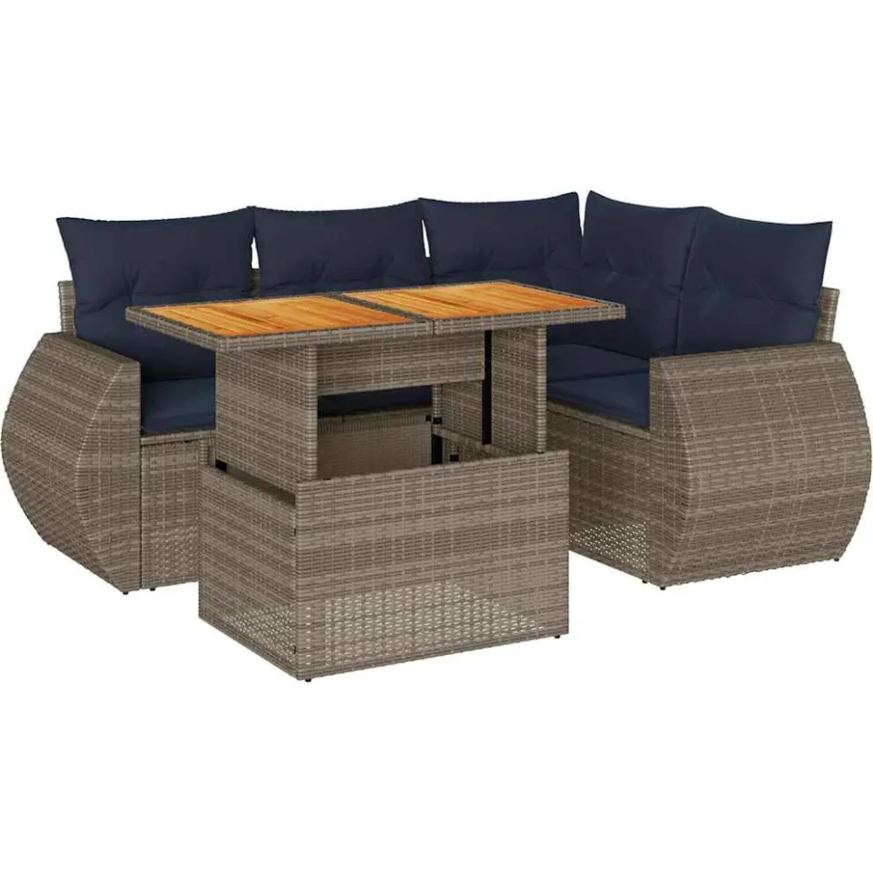 vidaXL 5-delige Loungeset met kussens poly rattan grijs, foto 3