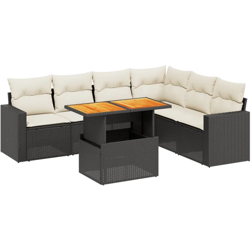 vidaXL 7-delige Loungeset met kussens poly rattan zwart