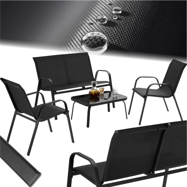 Tectake Tuinset Nora - Moderne Zitgroep voor 4 Personen - Loungeset met Tuinbank en 2 Tuinstoelen van Ademend, Waterafstotend Textileen-Weefsel - Balkonset Met Bijzettafel - Zwart