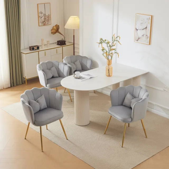MODENUIT Fauteuil - Bloemblaadjes Rug - Met Kussen en Metalen Poten - Voor Woonkamer en Eetkamer - Fluweel Grijs