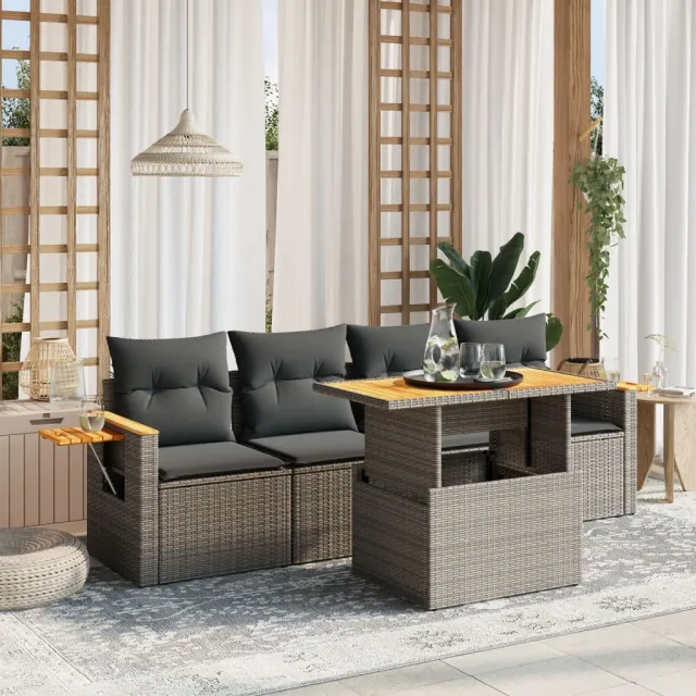 vidaXL 5-delige Loungeset met kussens poly rattan grijs, foto 2