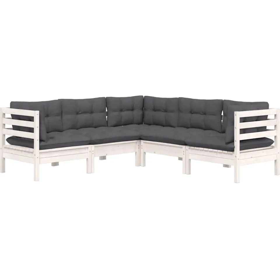 vidaXL 5-delige Loungeset met kussens massief grenenhout wit