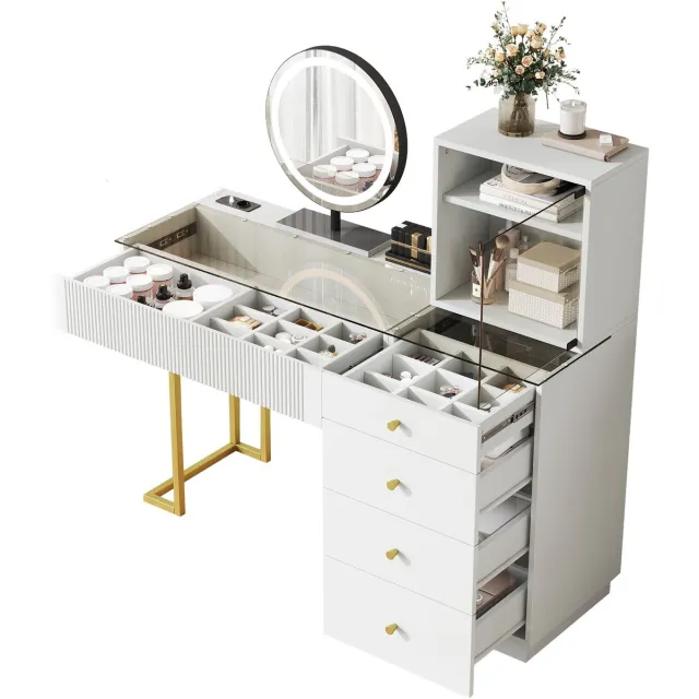 Merax Kaptafel met LED-Spiegel en Glazen Blad – 5 Lades + Kast – Wit – Make-up Tafel / Toilettafel 120 × 40 × 120 cm