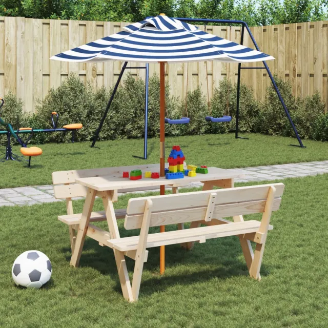 vidaXL Picknicktafel voor 4 kinderen met parasol massief vurenhout bruin, foto 2