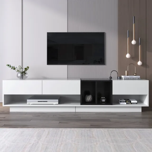 Wishdor Tv-Meubel - Hoogglans Afwerking - 3 Lades En 2 Open Vakken - Spaanplaat - Wit En Zwart - 190 X 40 X 42 Cm