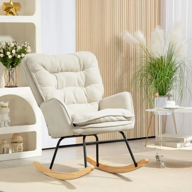FloraGrace Schommelstoel – 71 x 98,5 x 97 cm – Met Ergonomische Rugsteun En Armleuningen – Voor Woonkamer Of Slaapkamer – Polyester – Beige