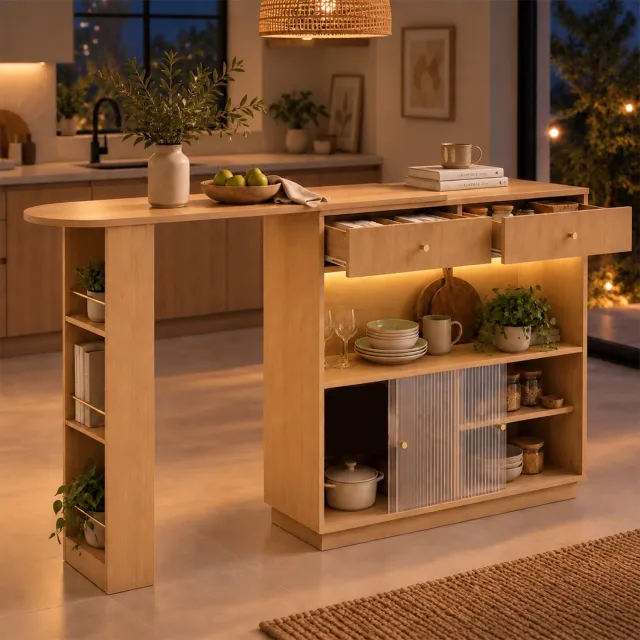 MODENUIT Bartafel - Uitschuifbaar en Draaibaar met Led - Keuken - Spaanplaat Eikenkleur - 120x30x100 cm