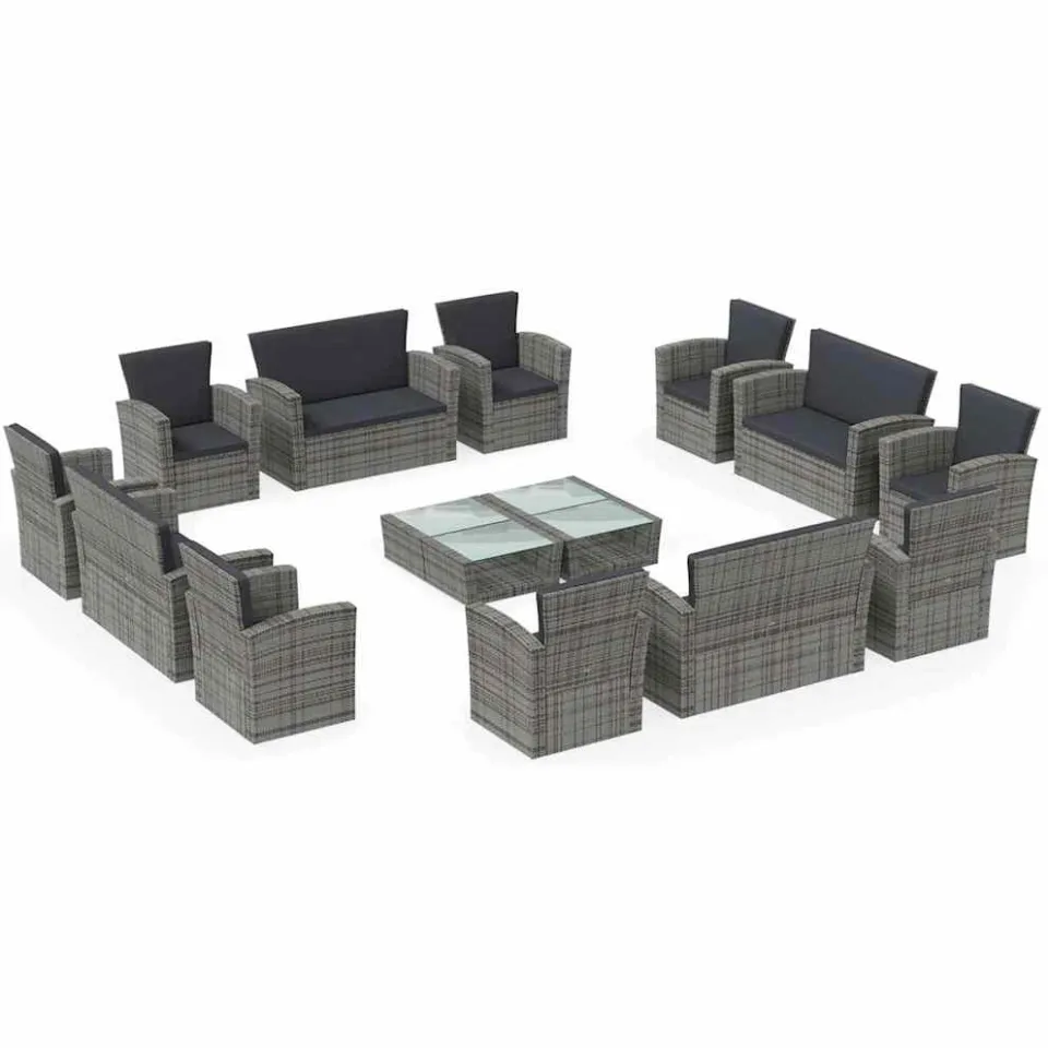 vidaXL 16-delige Loungeset met kussens poly rattan grijs, foto 3