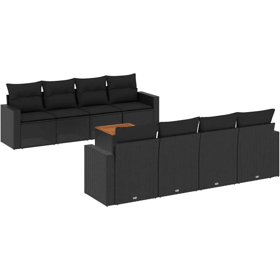 vidaXL 9-delige Loungeset met kussens poly rattan zwart, foto 3