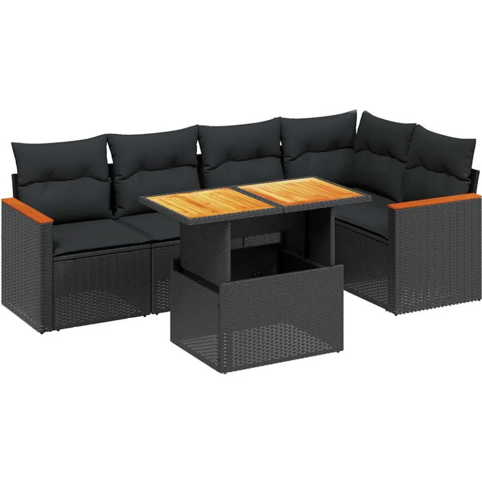 vidaXL 6-delige Loungeset met kussens poly rattan zwart, foto 3