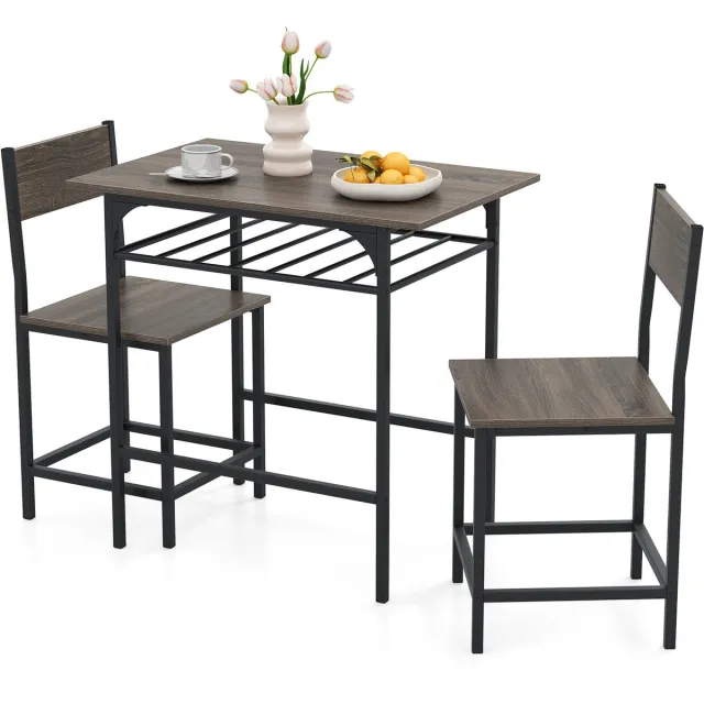 Costway Eettafel met 2 stoelen, 3-delige houten eetgroep met opbergvak en metalen frame, kleine keukentafel voor 2 personen, eetkamergroep voor keuken, eetkamer, 80 x 52,5 x 77 cm (grijs)