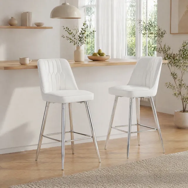 COVREO Barkruk set van 2 - 100 cm - wit PU-leer met zilverkleurig metalen frame en voetsteun White+Silver