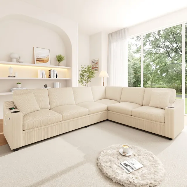OKWISH Hoekbank 6-Zits - Modulair L-Vormig Met Drankhouders En USB En Type C Oplaadpunten - Voor Woonkamer En Slaapkamer - Corduroy - Beige