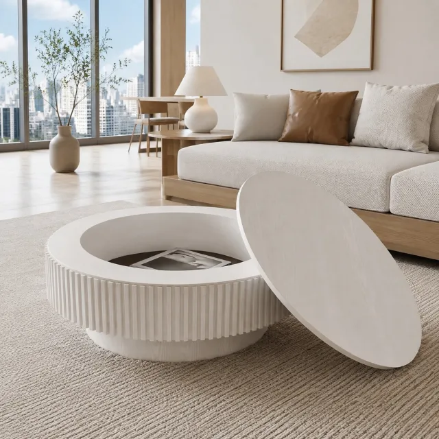 HAUSS SPOLE Ronde Salontafel Met Verborgen Opbergruimte - Modern Voor Woonkamer, Slaapkamer Of Kantoor - Gelakt MDF - 75 Cm Diameter - Retro Wit