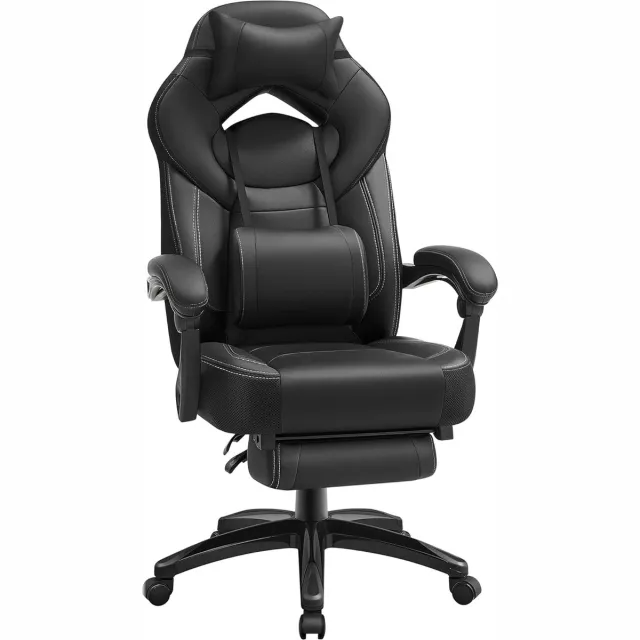 FurnStar Ergonomische Gaming Stoel - Bureaustoel met Telescopische Voetensteun - Verstelbare Hoofdsteun - Lendensteun - Maximale Belasting 150kg - Zwart