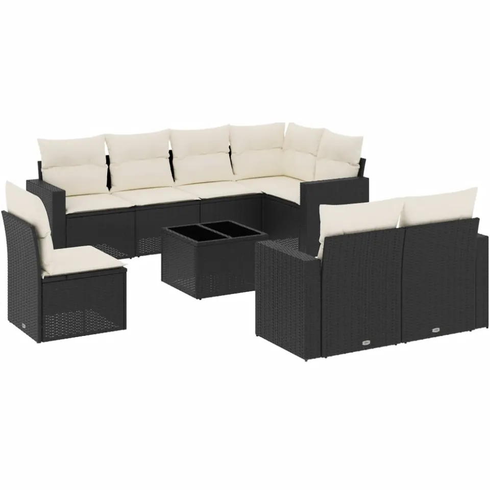 vidaXL 9-delige Loungeset met kussens poly rattan zwart, foto 3