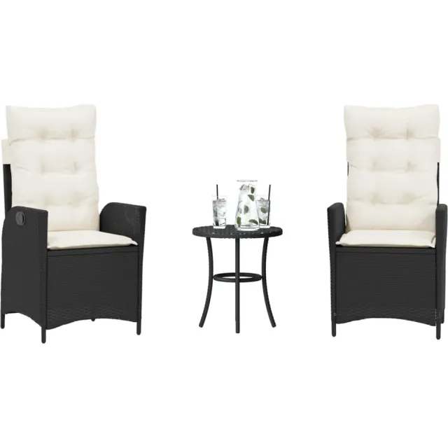 vidaXL 3-delige Bistroset met kussens poly rattan zwart