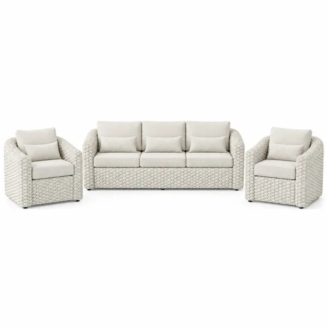 AVH-Collectie Amora stoel bank loungeset 3 delig zand rope Grijs, Zand / Latte / Linen