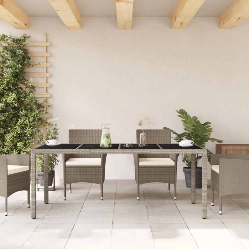 vidaXL Tuintafel met glazen blad 190x90x75 cm poly rattan lichtgrijs grijs, foto 3