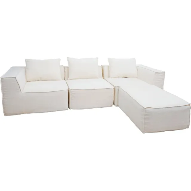 MCW L-bank MCW-O54, loungebank met voetenbank, modulair uitbreidbaar rechts/links, stof/textiel 63x270x190cm ~ crème