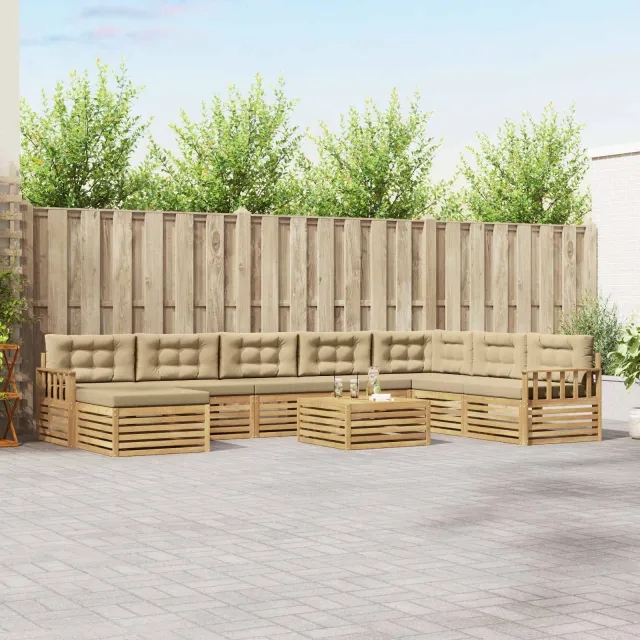 vidaXL Buiten bankenset 9 st 7-zits Wit en Beige Massief Acaciahout