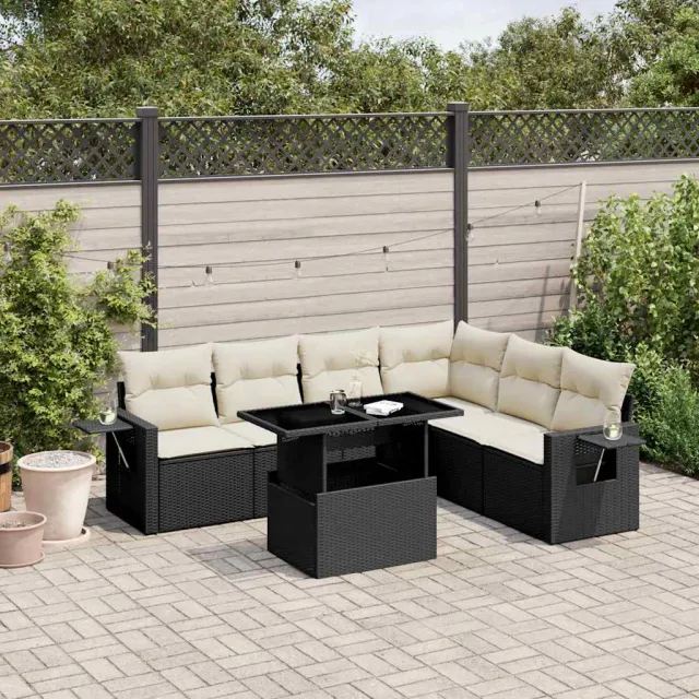 vidaXL 7-delige Loungeset met kussens poly rattan zwart, foto 2