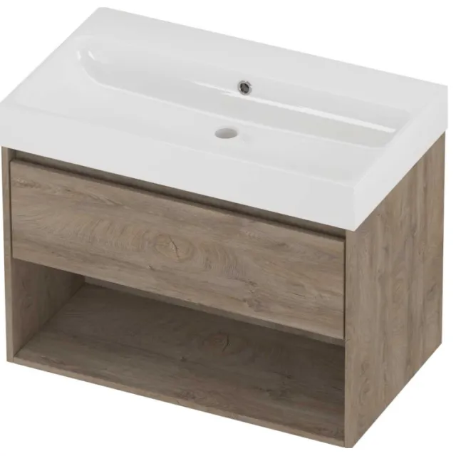 Proline Podium Badmeubelset Polystone Loft Zonder Kraangat Met Schap 80x46x62 cm Glans Wit Raw Oak Eiken