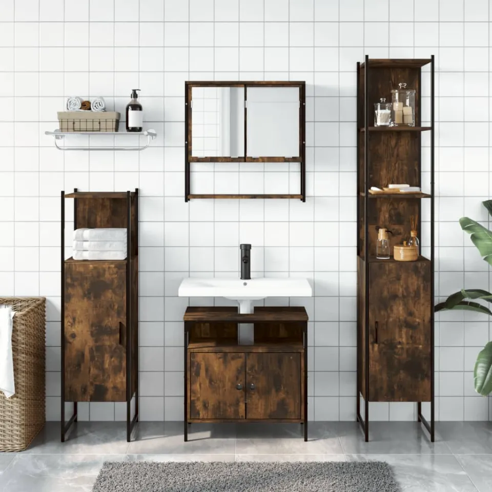 vidaXL 4-delige Badkamermeubelset bewerkt hout gerookt eikenkleurig, foto 2