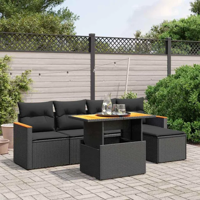 vidaXL 6-delige Loungeset met kussens poly rattan zwart, foto 2