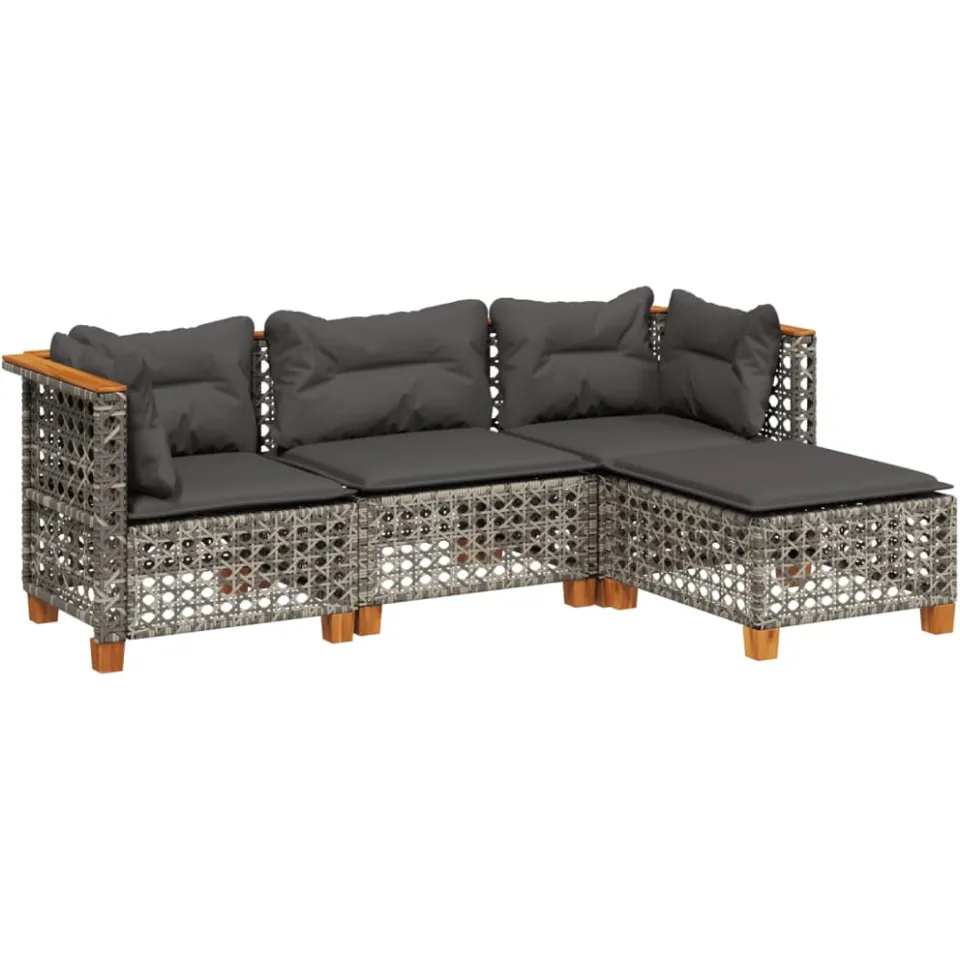 vidaXL 4-delige Loungeset met kussens poly rattan grijs, foto 3