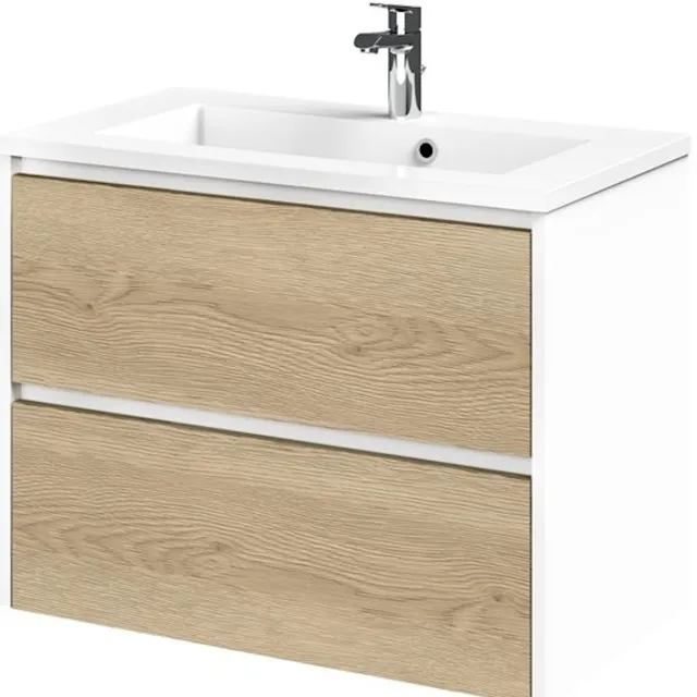 Tiger Reverse Meubelset 80 cm met 2 lades Naturel eik - Mat wit incl Quadro wastafel Hoogglans wit - 800318 Eiken