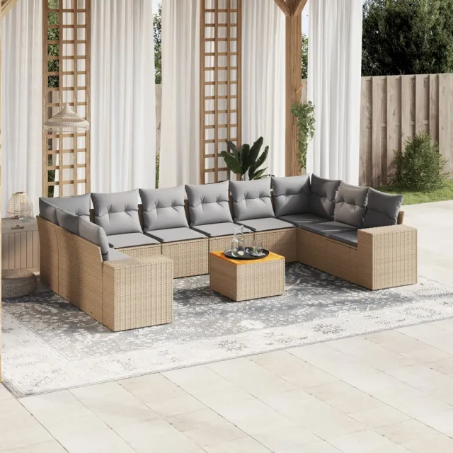 vidaXL 11-delige Tuinset met kussens poly rattan beige, foto 2