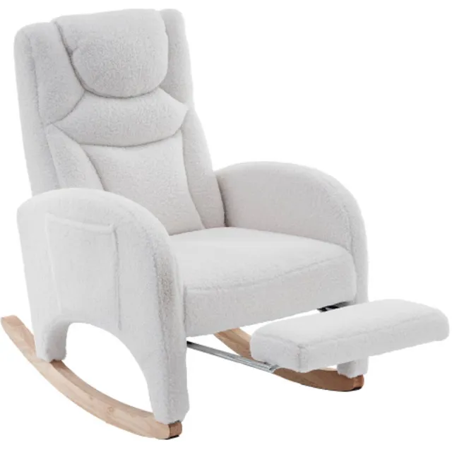 Rolipo Schommelstoel met voetensteun - Teddy relaxstoel - Hoofdsteun en armleuningen - Houten frame 110 kg – Woonkamer – 66 x 125 x 101 cm – Wit