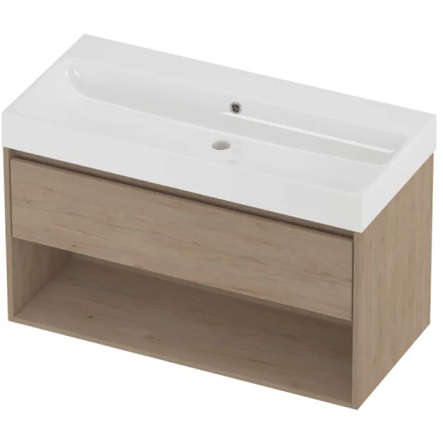 Proline Podium Badmeubelset Polystone Loft Schap 100x46x62 cm Glans Wit Ideal Oak Eiken
