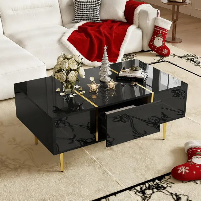 REDOM Salontafel hoogglans zwart met gouden accenten — 2 lades, MDF, 100×60×41,5 cm, modern elegant en onderhoudsarm