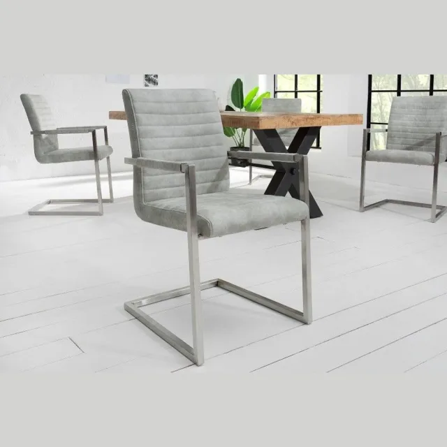 Invicta Interior industrieele sledestoel LOFT steengrijs met armleuning RVS frame - 38497 Zie omschrijving