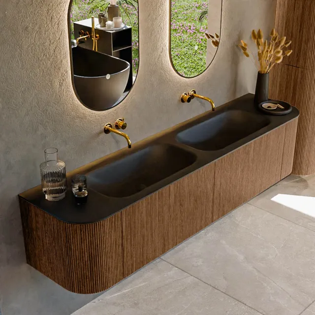 Mondiaz KURVE-DLUX 190 cm Onderkast Greeploos 2 Lades Met Deuren Walnut, Wastafel Solid Surface Dubbel Lava 0 Kraangaten Zonder Spiegel (KRVSTS190L+R2L2D0KD-Wal/Lav)