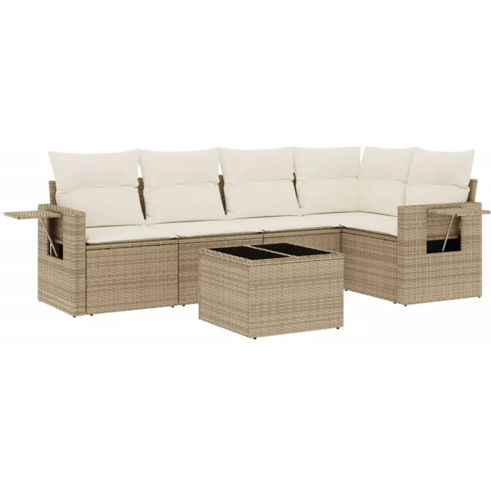 vidaXL 6-delige Loungeset met kussens poly rattan beige