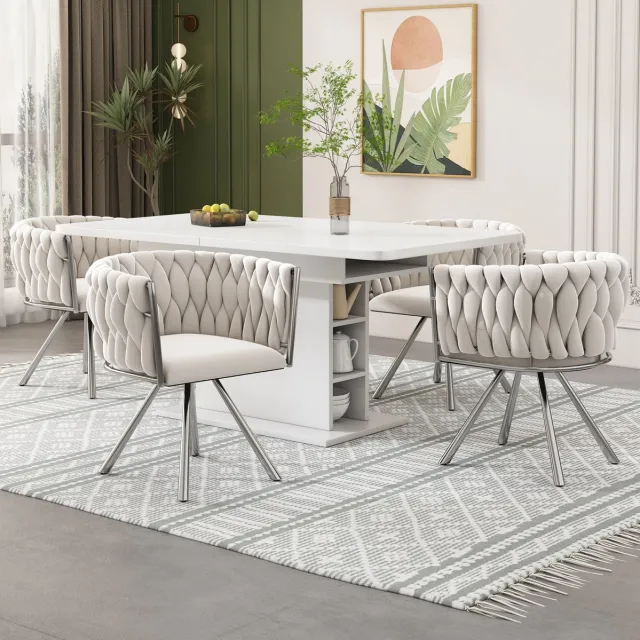 OKWISH Eetkamerstoel 4er Set - 360° Draaibaar Met Armleuningen - Luxe Fluwelen Zitting En Metalen Onderstel - Voor Eetkamer En Woonkamer - Beige Zilver